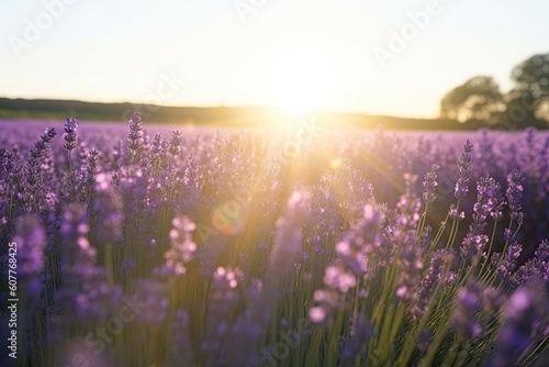 lavender field in the sunlight, with soft and warm light, created with generative ai