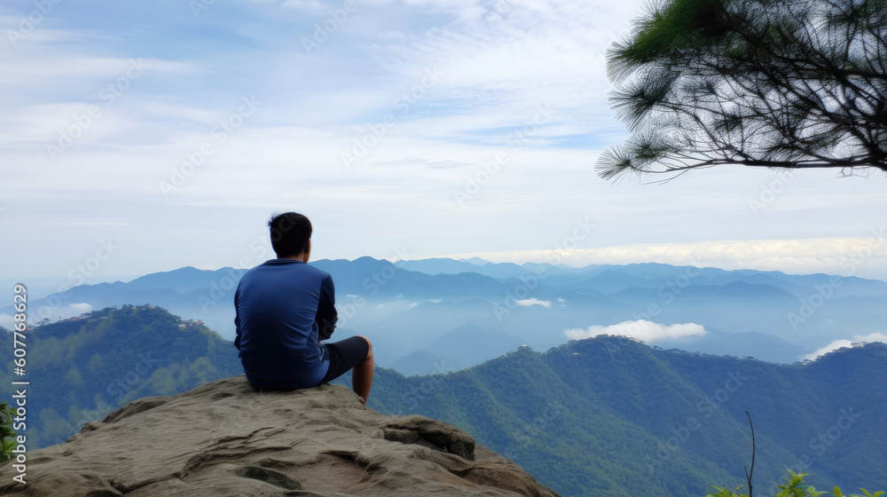 Young asian man sitting on the peak of mountain and enjoying the view. Generative AI.