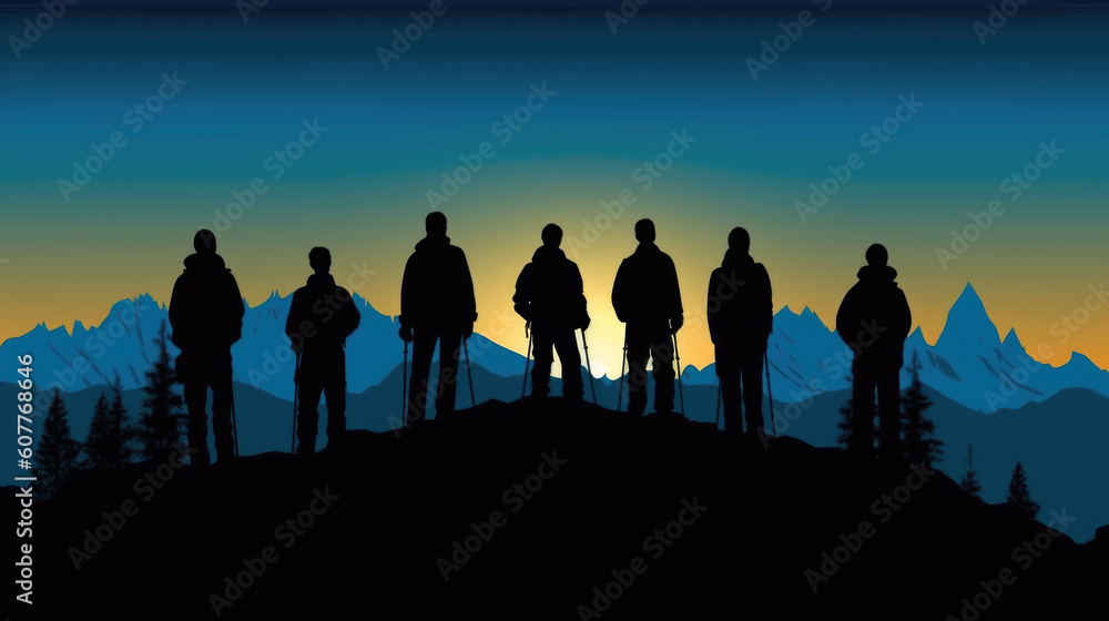 Silhouette of a group of people on top of the mountain. Generative AI.
