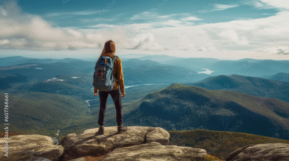 Young woman hiker with backpack standing on top of the mountain and enjoying the view. Generative AI.