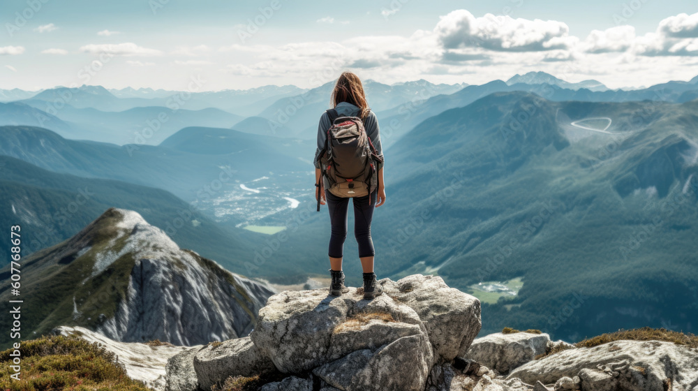 Young woman hiker with backpack standing on top of a mountain and looking at the valley. Generative AI. Young woman hiker with backpack standing on top of a mountain and looking at the valley. Generative AI.