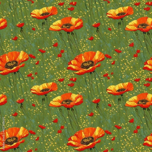 Seamless floral pattern with poppy flowers, tileable, Generative AI