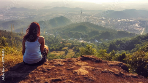 Young woman sitting on top of the mountain and looking at the city. Generative AI.