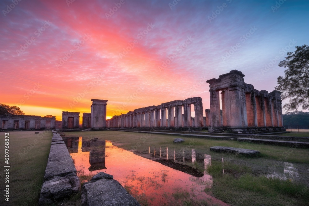 Fototapeta premium ancient ruins at sunrise, with orange and pink hues filling the sky, created with generative ai