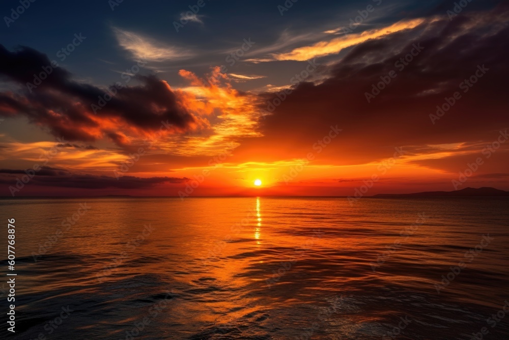 dramatic sunset, with warm colors and clouds over the ocean, created with generative ai