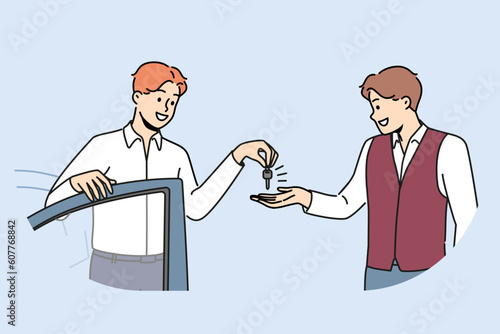 Smiling businessman give car key to staff at parking lot. Happy man ask valet to park automobile near hotel or building. Vector illustration. 