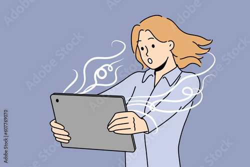 Stunned woman look at tablet screen feel shocked with unbelievable news. Amazed female surprised with unexpected message on pad. Vector illustration. 