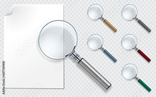 Collection of vector magnifying glasses with transparent glass surface. Business object Isolated on light background