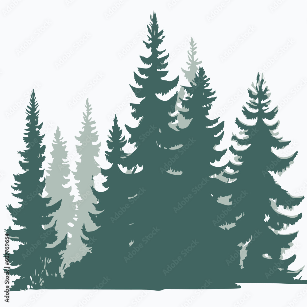 Obraz premium Pine trees silhouettes on a white background. Vector illustration.