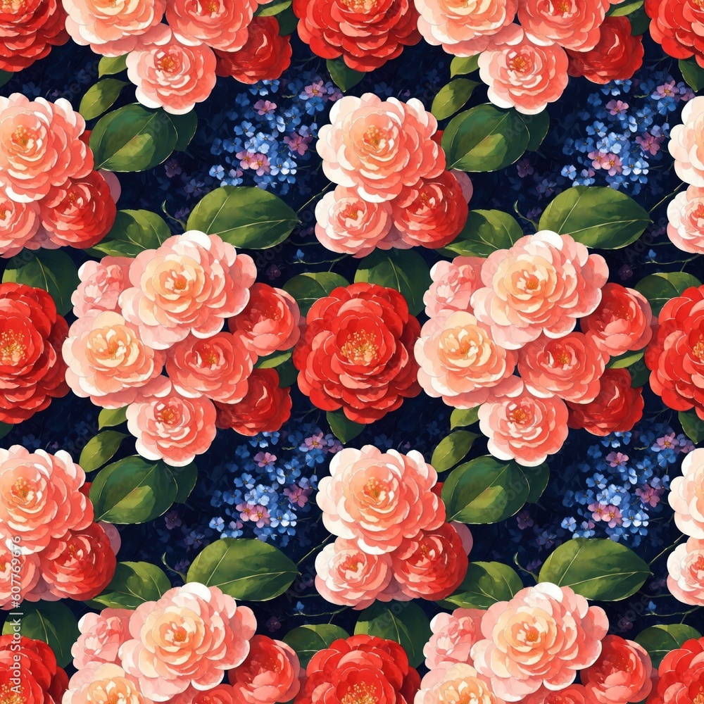 Seamless floral pattern with Camellia flowers, tileable, Generative AI