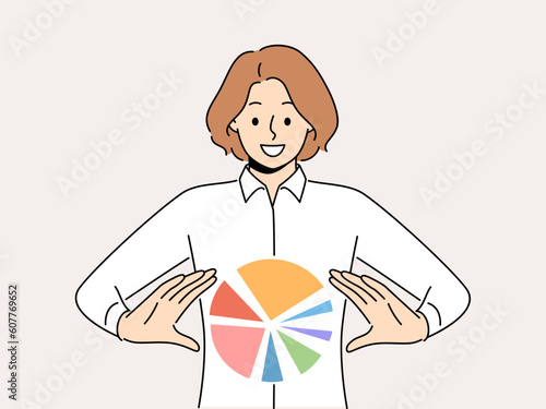 Smiling businesswoman with pie chart diagram in hands. Happy female employee with circle diagram. Business analytics and statistics. Vector illustration. 