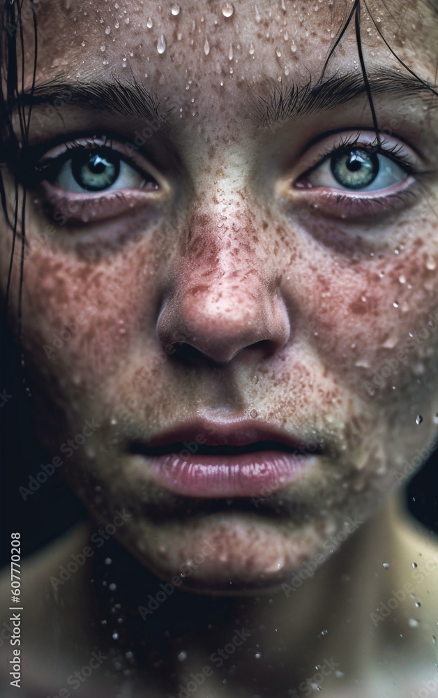 Close-up of a young blue-eyed girl with her face beaded with water drops - ai generative