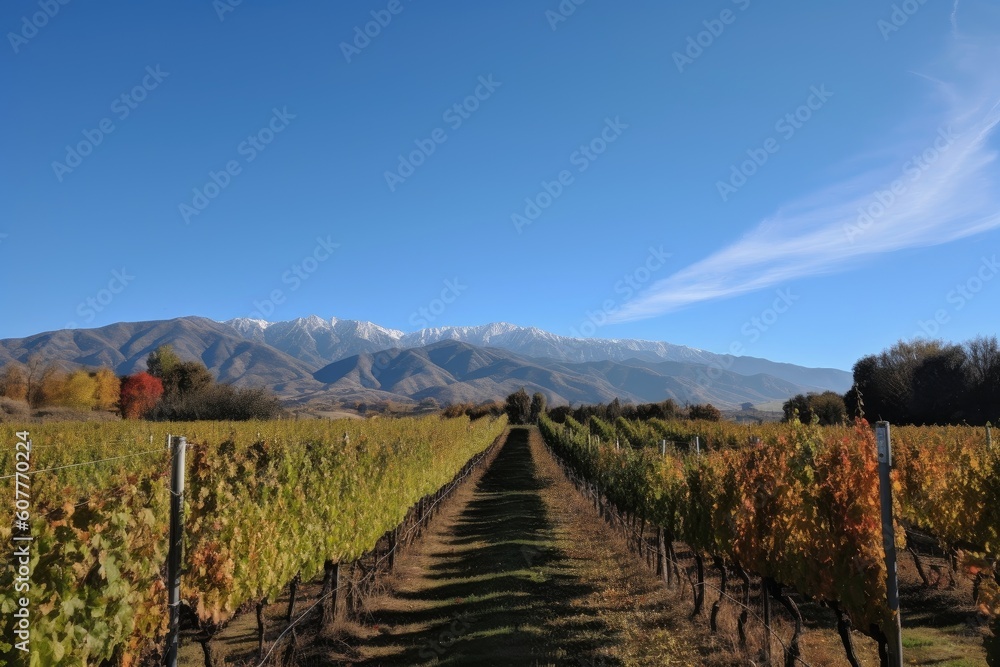 Fototapeta premium vineyard with mountains and clear blue skies in the background, created with generative ai