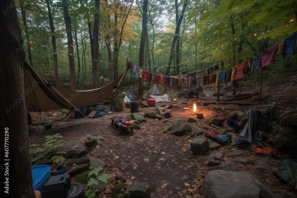 outdoorsy campsite, with cozy tents, hammocks, and lanterns, created with generative ai outdoorsy campsite, with cozy tents, hammocks, and lanterns, created with generative ai