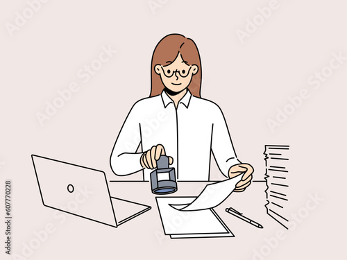 Confident businesswoman sit at desk work on computer stamp documents. Smiling female employee sign paperwork in office. Secretary work. Vector illustration. 