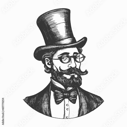 Elegant gentleman in top hat with mustache and whisker and glasses. Vintage style. Victorian Era hand drawn vector illustration retro english man dandy isolated	
