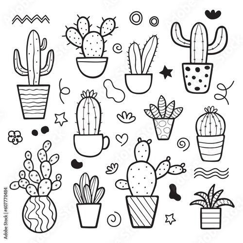 Cute hand drawn vector cactuse in the pots