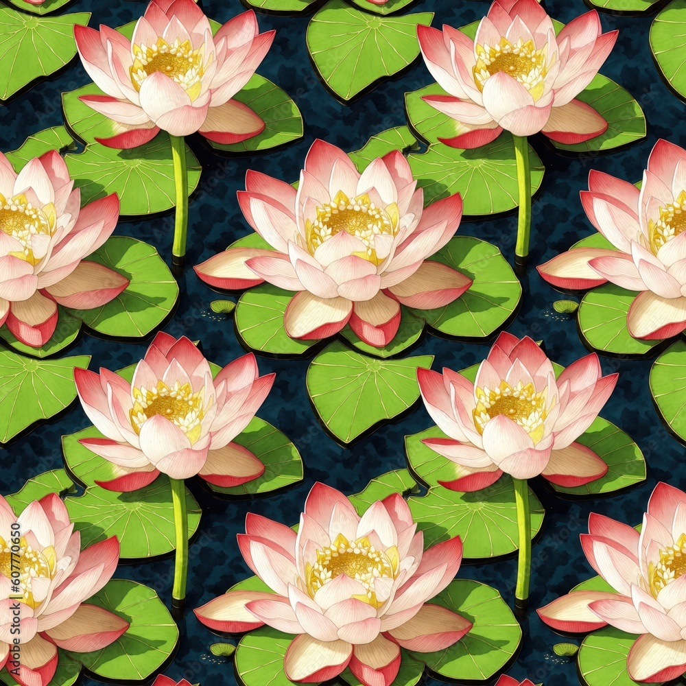 Seamless floral pattern with Lotus flowers, tileable, Generative AI Seamless floral pattern with Lotus flowers, tileable, Generative AI
