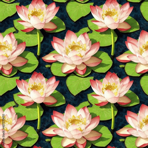 Seamless floral pattern with Lotus flowers  tileable  Generative AI