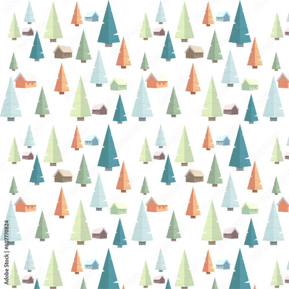 Colorful paper trees and houses pattern