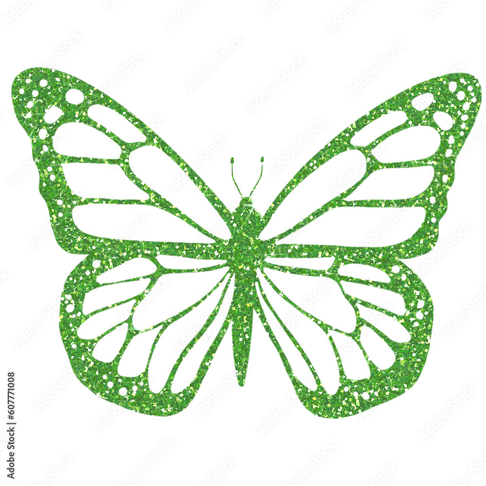 Green butterfly glitter on transparent background. Butterfly icon