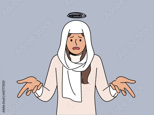 Portrait of confused muslim woman in hijab feeling emotional and frustrated with problem. Unhappy Arabic female in traditional headscarf feeling troubled. Vector illustration. 