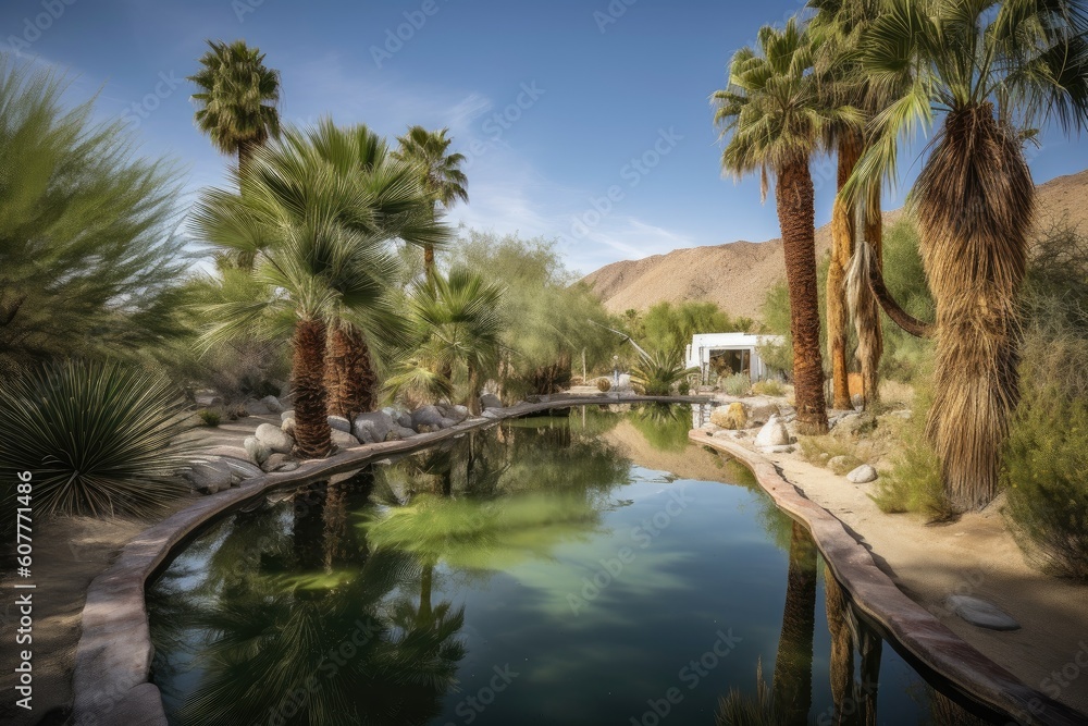 desert oasis complete with palm trees, and tranquil pool of water, created with generative ai