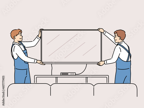 Smiling male workers in uniform hang TV on wall in apartment. Happy mechanics install television set at client home. Good quality service. Vector illustration. 