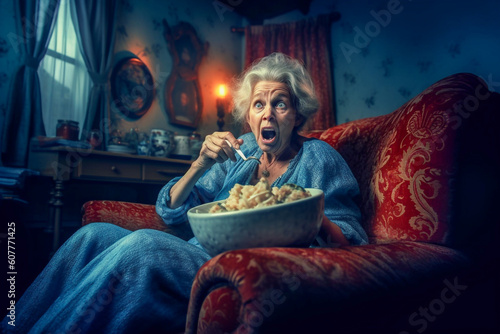 A man sitting on the sofa with popcorn gasps as he watches a horror movie on TV in fear - ai generative