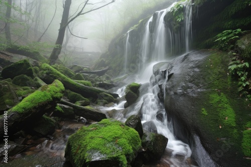 close-up of cascading spring waterfalls  with droplets and mist visible  created with generative ai