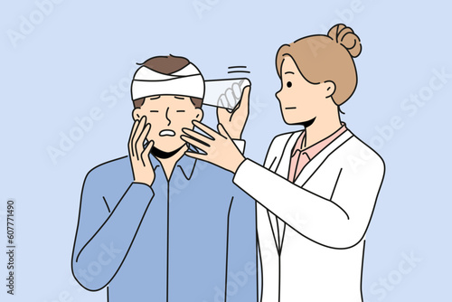 Female doctor put bandage on man head. Nurse help patient with head injury or trauma. Healthcare concept, Vector illustration. 