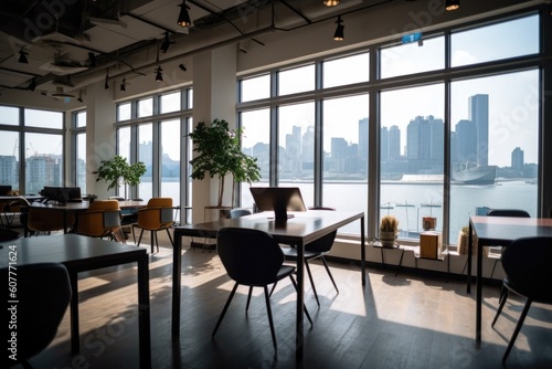 co-working space with view of a bustling city skyline or harbor, created with generative ai
