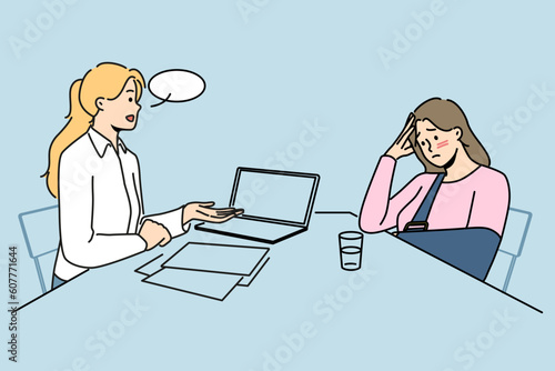Distressed woman in bandage sit at desk in social security center ask for compensation. Unhappy injured female request money claim in insurance agency. Vector illustration. 
