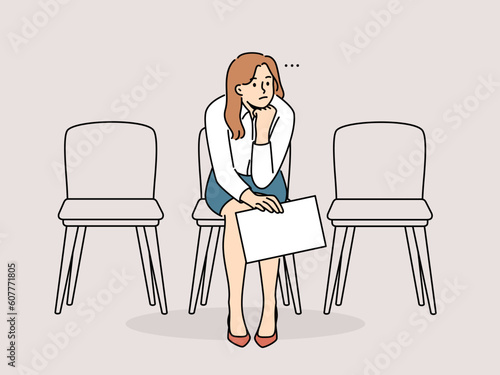 Bored businesswoman with document in hands sitting on chair in hallway waiting. Unhappy tired female employee with paperwork expect in hall. Vector illustration. 