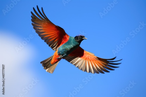 colorful bird soaring through the clear blue sky, created with generative ai © Alfazet Chronicles