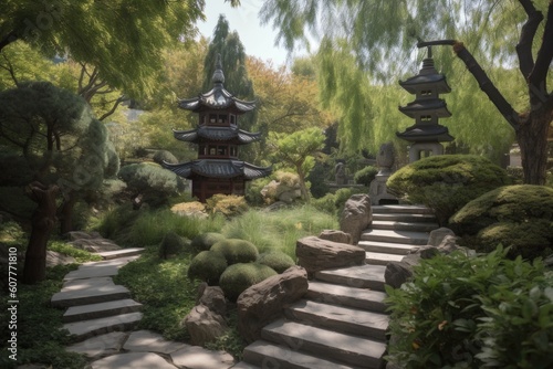 peaceful garden  with view of the towering china pagoda in the distance  created with generative ai