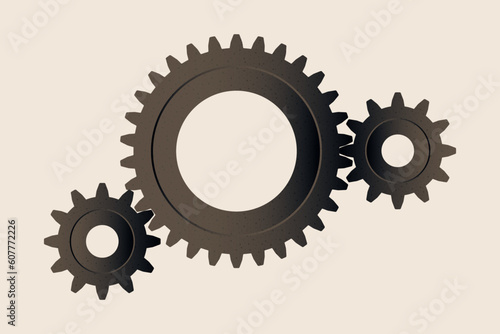 Physics gear system. Impeller system. CAE mesh side view of spur gear mesh with pinion on the left