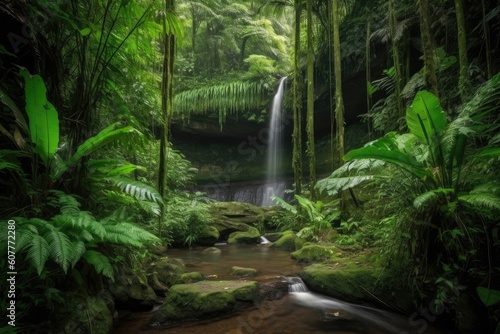majestic waterfall cascading over the lush jungle landscape, created with generative ai