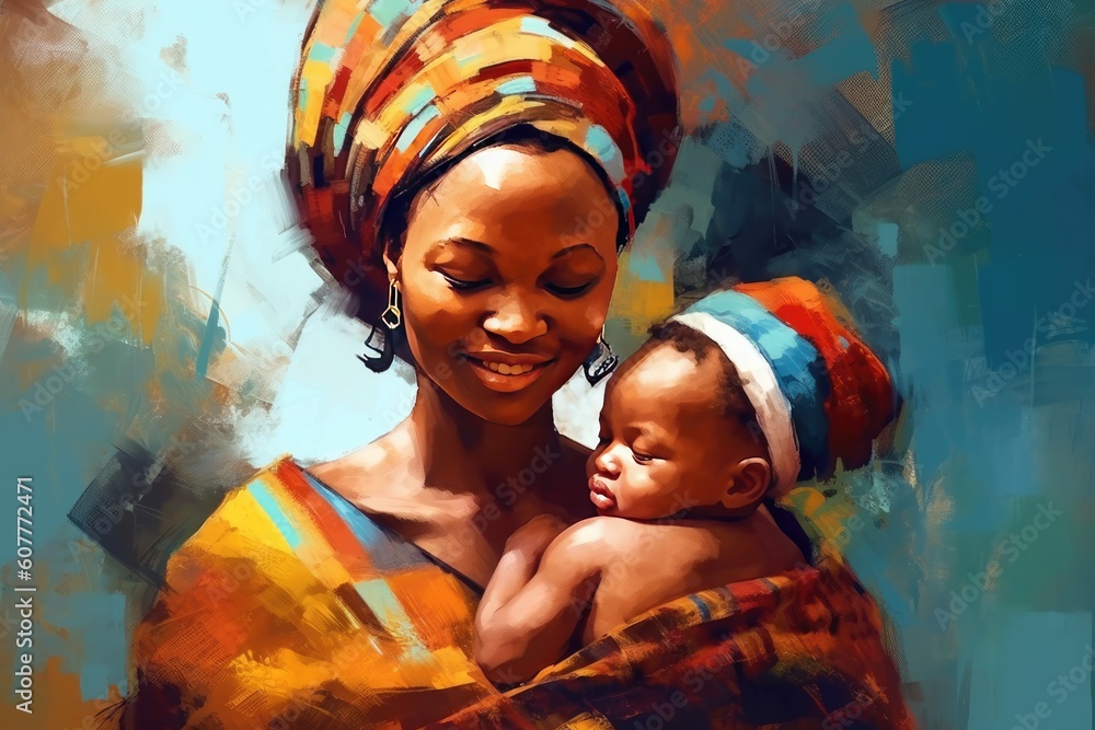 Illustration in a painterly style of an African mother with her baby, portraying a joyful and optimistic portrait. Generative AI