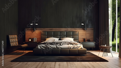 Luxurious elegant black-walled bedroom. Step into a world of refined opulence with a modern luxe bedroom featuring striking black walls generative ai