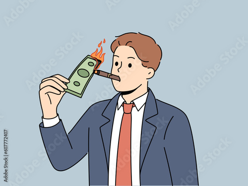 Rich businessman smoking cigar burning dollar banknote. Male millionaire in suit lighting money bill with cigarette fire. Wellbeing and richness. Vector illustration. 
