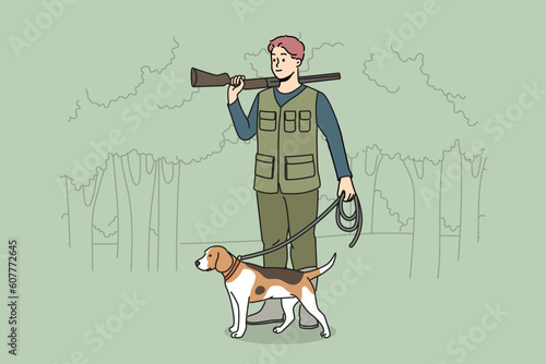 Male hunter in khaki uniform with dog on leash in forest. Man hunting with canine in wild nature. Vector illustration. 