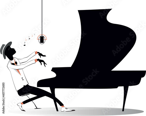 African pianist and singer illustration. 
African musician is playing piano and singing with inspiration. Isolated on white background
