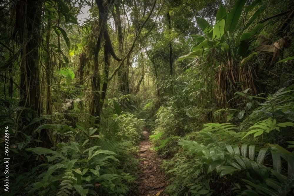 jungle trail winding its way through dense foliage, with glimpses of the sky above, created with generative ai jungle trail winding its way through dense foliage, with glimpses of the sky above, created with generative ai