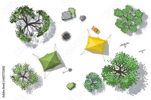 Vector illustration of a tourist clearing with tents, backpacks, fire pit, trees, birds. View from above. Ecotourism. Active leisure. Camping. Top view.