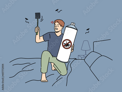 Angry man sit on bed at home with fly swatter and aerosol suffer from mosquitos at night. Mad male renter with spray and flyswatter killing insects. Vector illustration. 