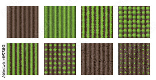 Vector illustration of different types of soil. Top view. Seamless pattern. View above. Farm field. Agriculture. 