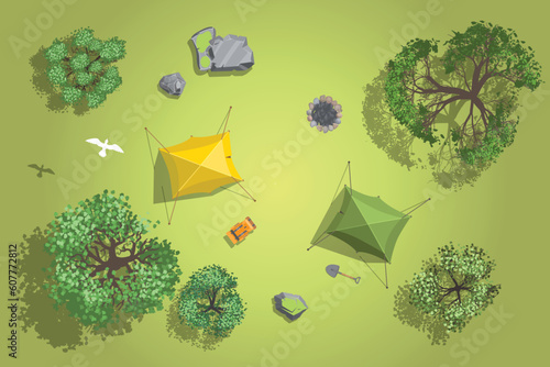Vector illustration of a tourist clearing with tents, backpacks, fire pit, trees, birds. View from above. Active leisure. Camping. Top view. Ecotourism.