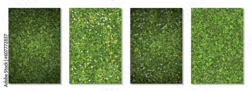 Vector illustration sets grass. Top view. Several types of green lawn. View from above. Grass, small white and yellow flowers. Background grass.