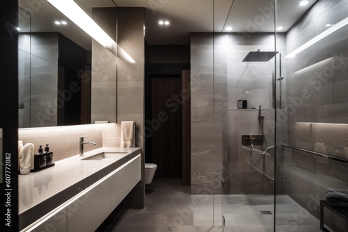 a sleek and minimalistic bathroom  with ambient lighting and a modern shower  created with generative ai